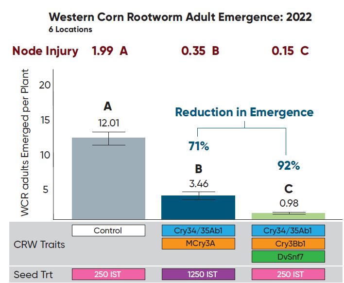 Western corn rootworm adult emergence (beetles/plant). Bars and values with the same letter are not significantly different at α = 0.05.